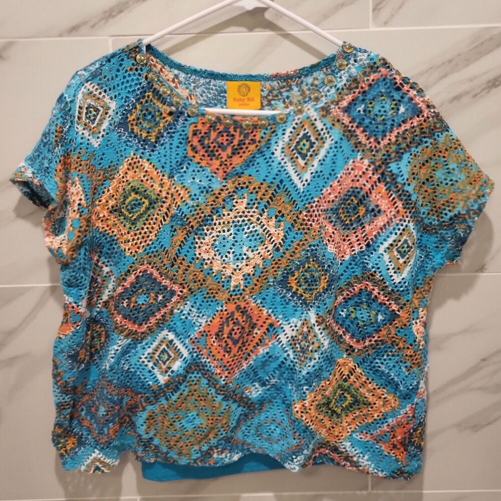 Ruby Rd Colorful Southwestern Top Cap Sleeves Lined Mesh Womens Petite Large